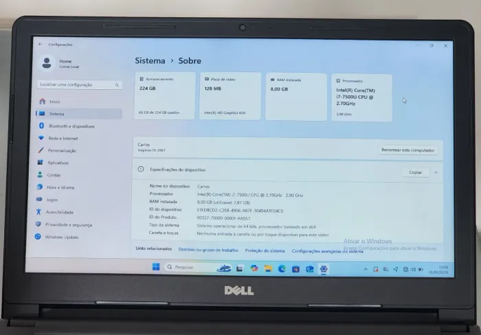 Notebook Dell Inspiron 15 Intel Core i7 de 7° geração 