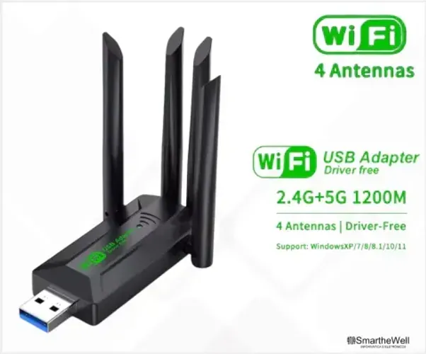 Adaptador USB WiFi com 4 Antenas, Dual Band, 2.4G, 5Ghz, 1200Mbps, USB 3.0 - Entrega grati