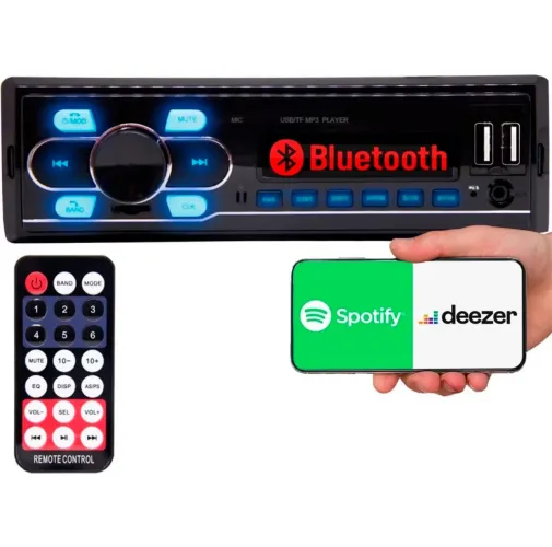 Rádio automotivo com Bluetooth USB controle remoto
