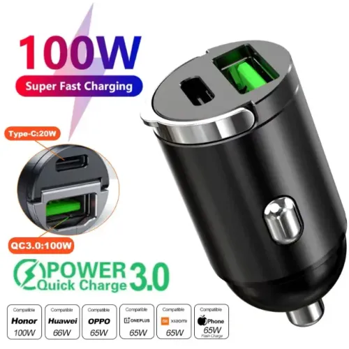 Carregador Veicular 100w Fast Charge Usb-c + Usb-a 2 Portas Preto