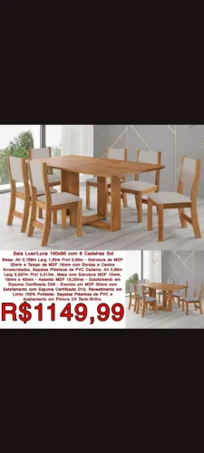 Sala Luna 160×80 com 6 Cadeiras Sol