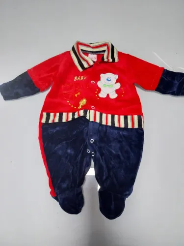 Macacão de Veludo para Bebê - Vermelho e Azul