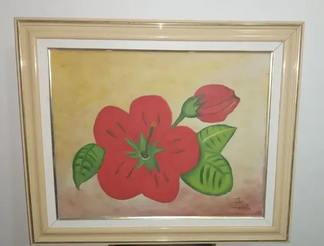 Quadro Pintura Óleo Sobre Tela Flores Vermelhas