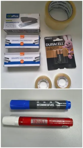 Kit acessórios Grampeador, Grampos, Pilhas, Marcadores, Durex