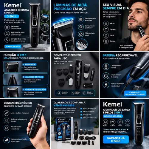 Aparador Kemei 3 em 1 KM-6558 ? Barba, Cabelo e Pelos | Recarregável