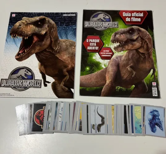 jurassic world 2015 - álbum completo de figurinhas para colar + guia oficial do filme