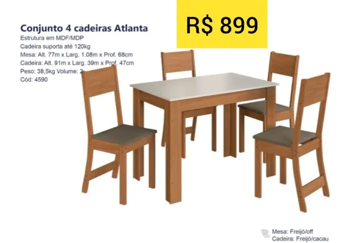 Mesa de jantar com 4 cadeiras