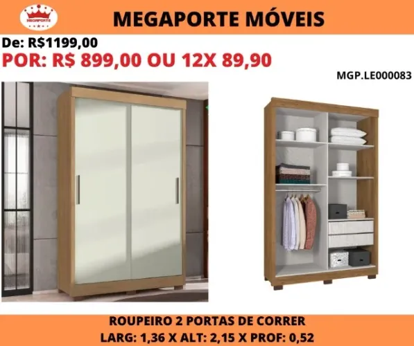 GUARDA ROUPA SOLTEIRO 02 PORTAS DE CORRER