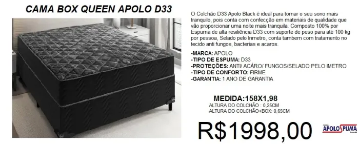 Cama box queen com colchão espuma d33 apolo black - frete grátis