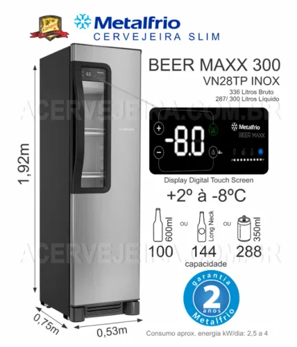 Cervejeira Beer Maxx 300 porta INOX c/ Visor 4 caixas Metalfrio VN28TP (336 litros) Garant