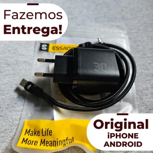 Carregador 30W Completo com Cabo Tipo C 60W 1 Metro Essager Original iPhone Android