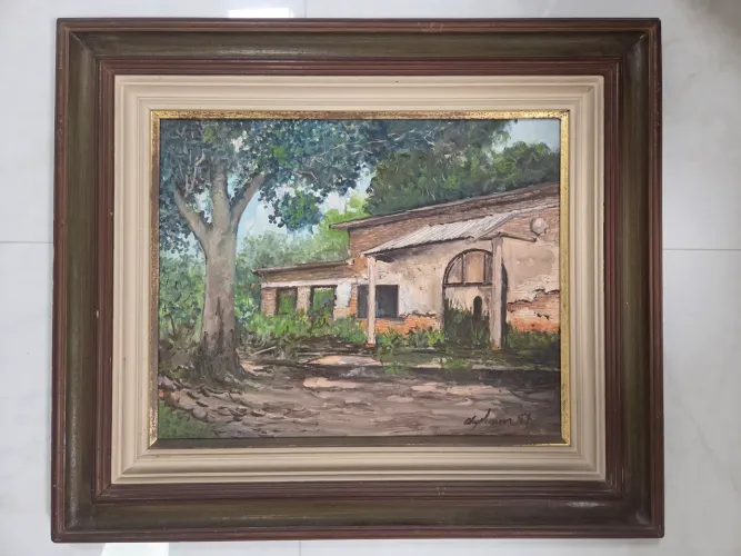 Quadro pintura sobre tela a óleo em moldura de madeira<br><br>68cm x 77cm<br>