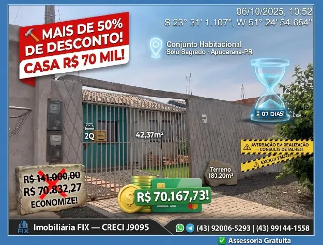 ? Apucarana-PR: Casa 2Q + 1 Vaga + Terreno 180m² ? R$ 70.167,73! 50,24% desconto! FGTS a