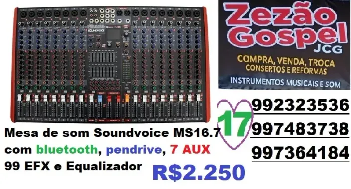 Mesa de som Soundvoice MS16.7 com bluetooth, pendrive, 7AUX 99 EFX e Equalizador