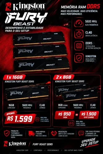 Memória RAM Kingston Fury Beast, RGB, 16GB, 5600MHz, DDR5