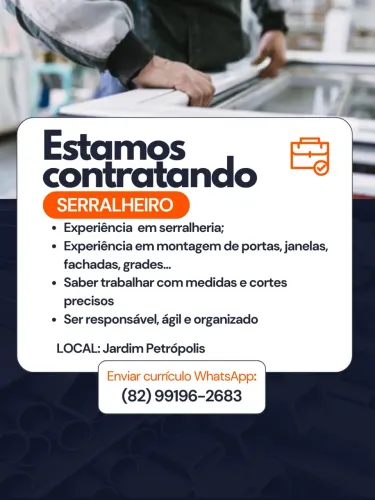 VOCÊ SERRALHEIRO (FERRO/ALUMINIO), TEMOS VAGA PARA VOCÊ!!
