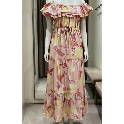 Vestido longo Estampado Rosê com Babado