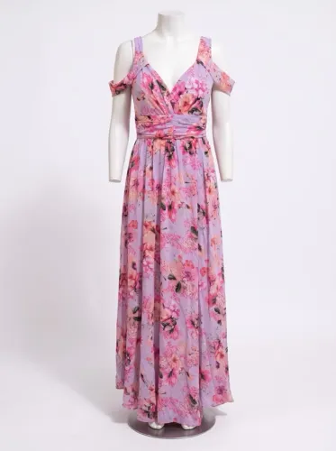 Vestido Longo Floral Lilás com Decote e Ombros À Mostra - Tamanho