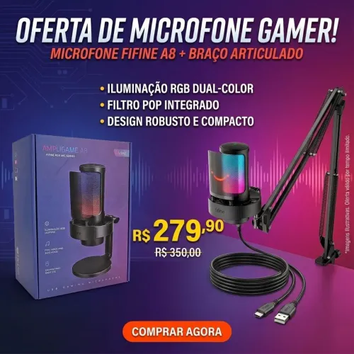 Microfone Fifine A8 Gamer RGB Para Streaming e Podcast + Braço