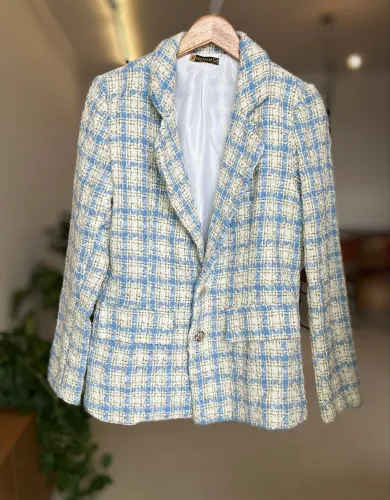 Blazer Tweed M Azul com Dourado Feminino