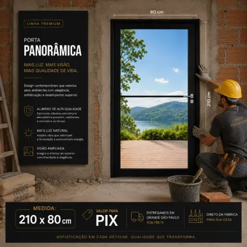 Porta Panorâmica Premium 210x80 em Alumínio Preto | Direto da Fábrica vidro temperado