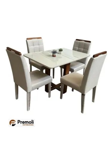 Mesa de Jantar Safira 1.20×80 EM MADERIRA MACIÇA C. Vidro 4 Cad. Pérola LINHO Bege
