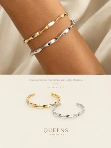 Bracelete Aberto Torcido Dourada e Prateada - Folheado | Queens Semijoias