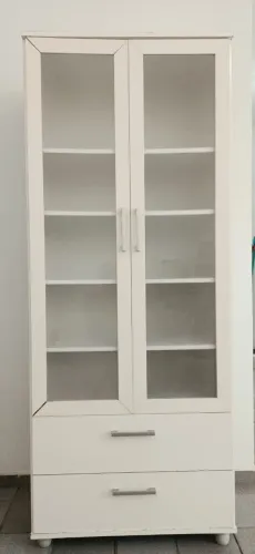 Armário Multiuso Alto Politorno Branco | 2 Portas de Vidro | 2 Gavetas | 4 Prateleiras