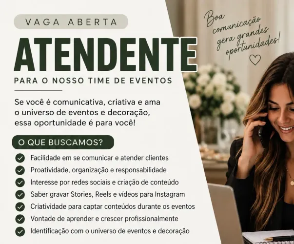 VAGA PARA COMERCIAL/ ATENDIMENTO PELO WHATSAPP