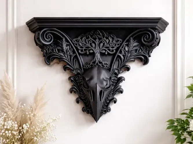 Crânio de Corvo Gótico & Prateleira de Mão Francesa de Parede Yggdrasil