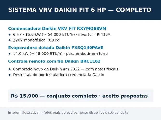 VRV Daikin FIT 6HP RXYMQ6BVM + Evaporadora Dutada FXSQ140PAVE - c/ NF, completo