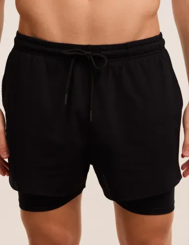 Bermuda Esportiva em Microfibra com Short de Compressão Cor Preto  Tamanho P