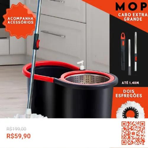 Mop Giratório 360 Cabo Balde Centrífuga Cesto Inox 14L 2 Refis Microfibra Esfregão Spin