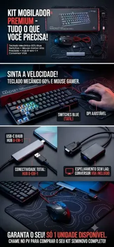 Kit mobilador completo com cabo para espelhamento ld39,hub 8 em 1 e conversor para vga.