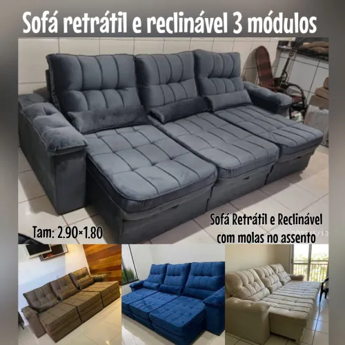 Sofá retrátil e reclinável Lançamento, vai com molas no assento e espuma D33 selada.