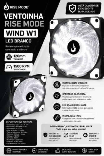 Ventoinhas Rise Mode 120mm, Wind W1 LED Branco 1500 RPM (NOVO/LACRADO!)
