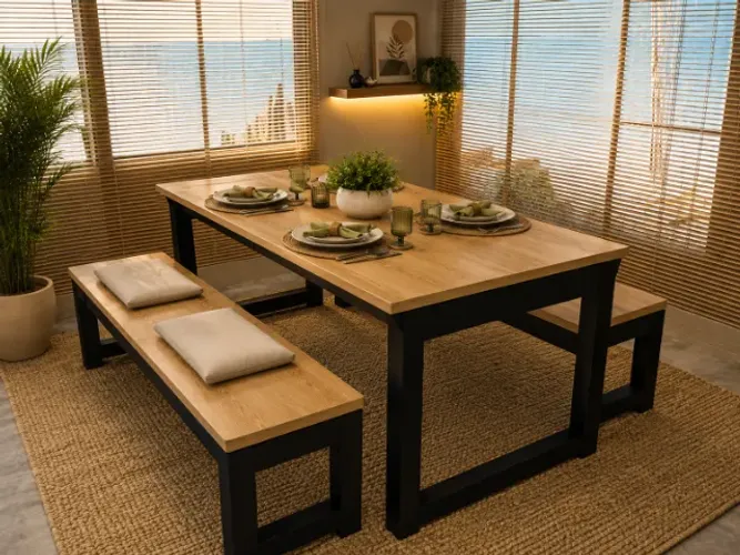 Mesa de Jantar Oak Wood. 2 Bancos: L120cm x P80cm x A80cm