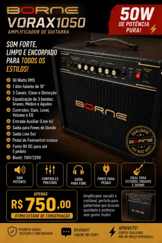 CUBO AMPLIFICADOR PARA GUITARRA BORNE VORAX 1050 - 50W RMS - ALTO-FALANTE DE 10?