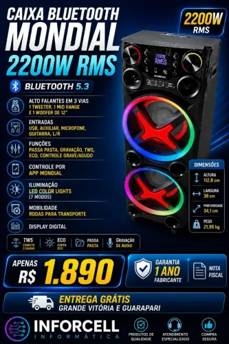 Torre de Som Mondial TM-2200 luzes Bluetooth 2200W RMS App