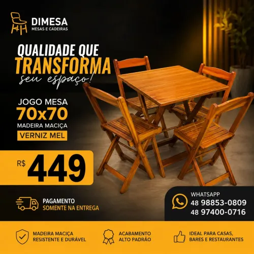 Conjunto 70x70 com 4 cadeiras dobráveis madeira maciça verniz mel