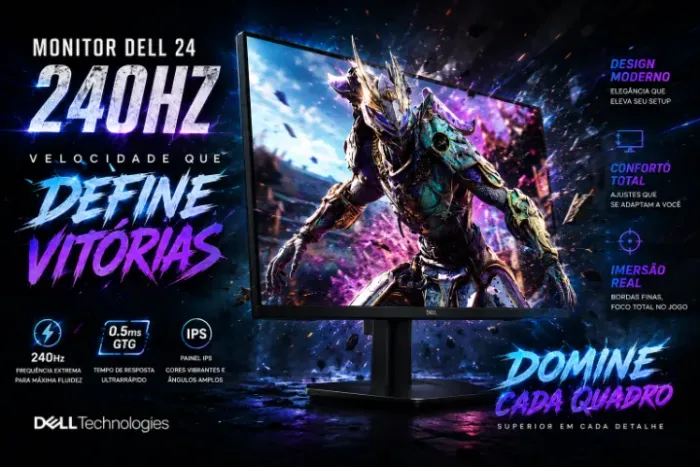 Monitor Gamer Dell 24" Full HD 240Hz IPS 0,5 ms GTG 300nits Conforto Ocular TÜV 3 Estrelas