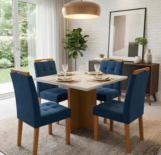 Conjunto de Jantar Compacto 4 Lugares com Vidro Off White e Veludo Azul