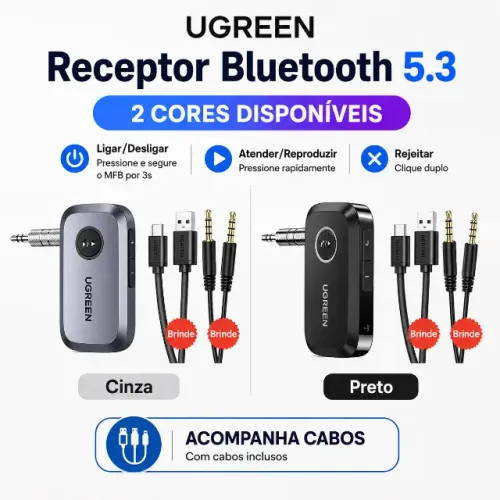 Adaptador Bluetooth Ugreen 5.3 - P/ Carro C/ Bateria Interna PRETO ou CINZA
