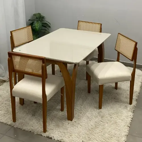 Mesa de Jantar Agata 135x90cm com Vidro e 4 Cadeiras Grecia em Linho Madeira Lj Móveis