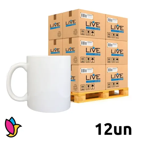 12 Canecas Brancas Porcelana Importada Sublimação 325ml Live
