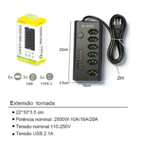 Extensão Elétrica 6 Tomada 3 Usb 3 Usb-c Bivolt Cabo 2m