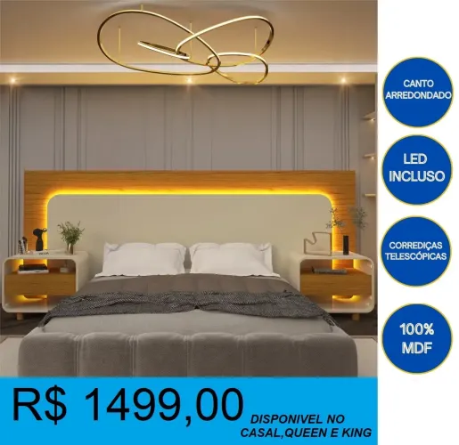 Cabeceira com criado mudo com Led - Entrega e montagem grátis 