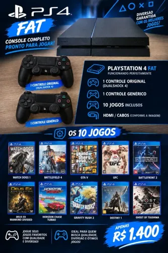 Playstation 4 Fat com 2 controles + 10 jogos