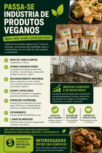 Indústria de Produtos Veganos à Venda | Faturamento Próximo de R$ 500 mil/ano
