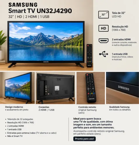 TV Samsung 32? HD UN32J4290 + Controle Original - Excelente estado